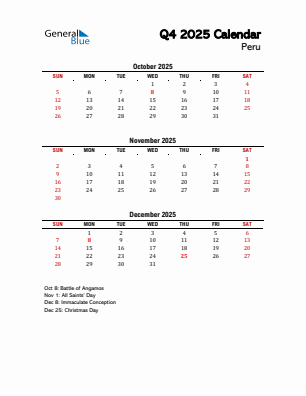 Peru Quarter 4 2025 calendar template
