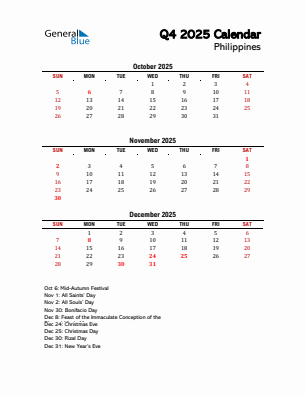 Philippines Quarter 4  2025 calendar template