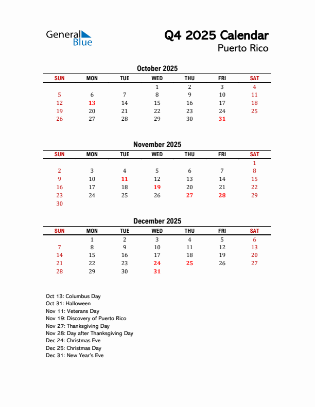2025 Q4 Calendar with Holidays List for Puerto Rico