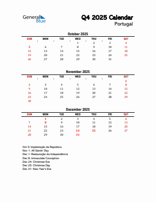 Portugal Quarter 4  2025 calendar template