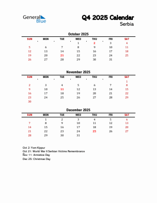 Serbia Quarter 4 2025 calendar template