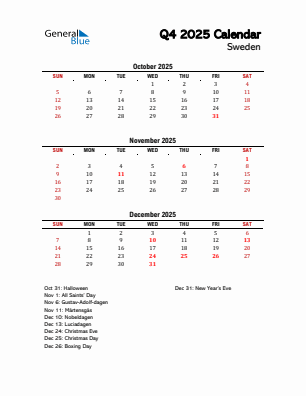 Sweden Quarter 4 2025 calendar template