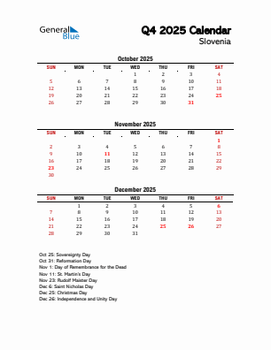 Slovenia Quarter 4 2025 calendar template