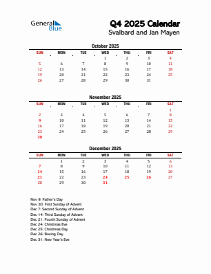 Svalbard and Jan Mayen Quarter 4 2025 calendar template