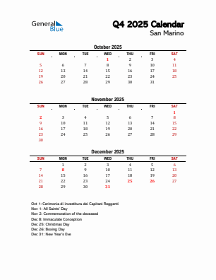 San Marino Quarter 4 2025 calendar template