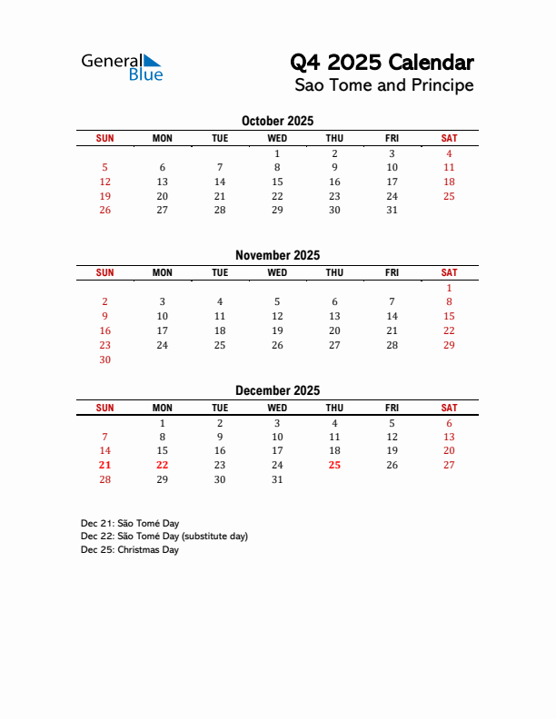 2025 Q4 Calendar with Holidays List for Sao Tome and Principe