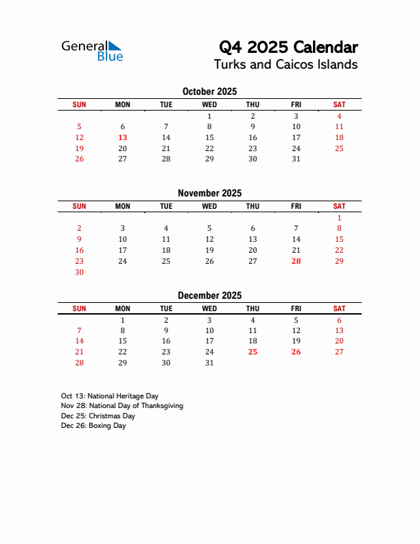 2025 Q4 Calendar with Holidays List for Turks and Caicos Islands