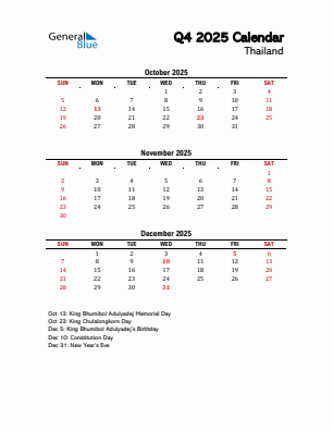 Thailand Quarter 4  2025 calendar template