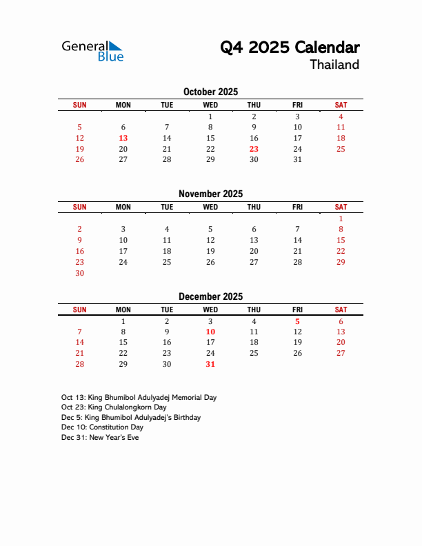 2025 Q4 Calendar with Holidays List for Thailand