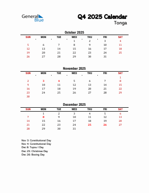 Tonga Quarter 4  2025 calendar template