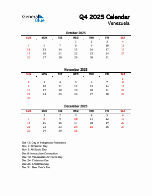 Venezuela Quarter 4  2025 calendar template