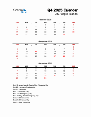 U.S. Virgin Islands Quarter 4  2025 calendar template