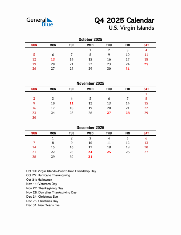 2025 Q4 Calendar with Holidays List for U.S. Virgin Islands