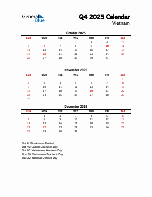 Vietnam Quarter 4 2025 calendar template