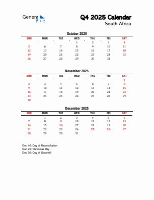 South Africa Quarter 4  2025 calendar template