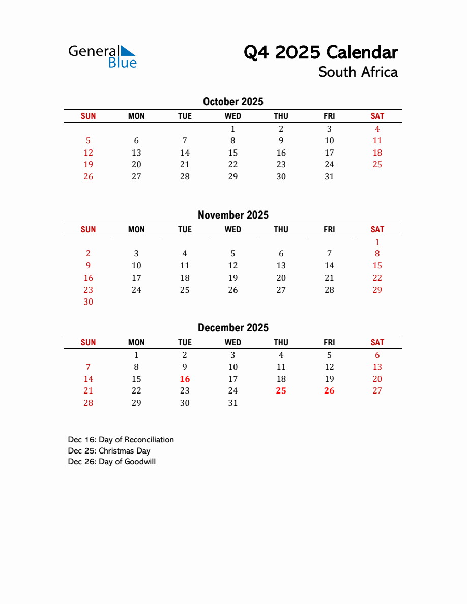 2025 Q4 Calendar with Holidays List for South Africa