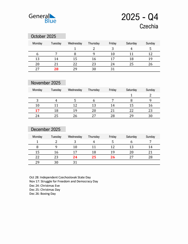 Czechia Quarter 4 2025 Calendar with Holidays