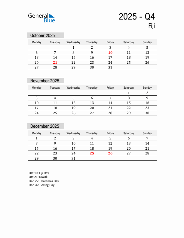 Fiji Quarter 4 2025 Calendar with Holidays