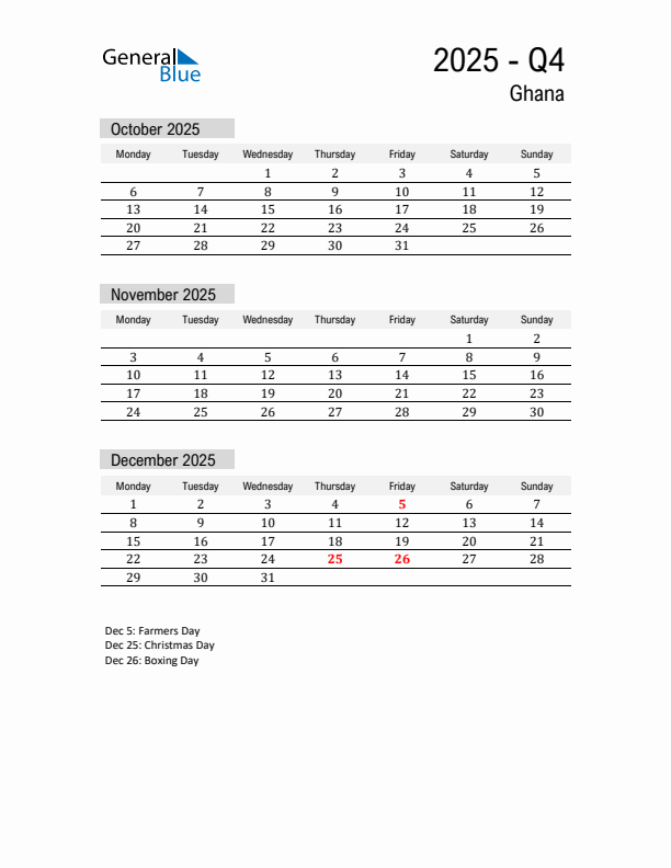Ghana Quarter 4 2025 Calendar with Holidays