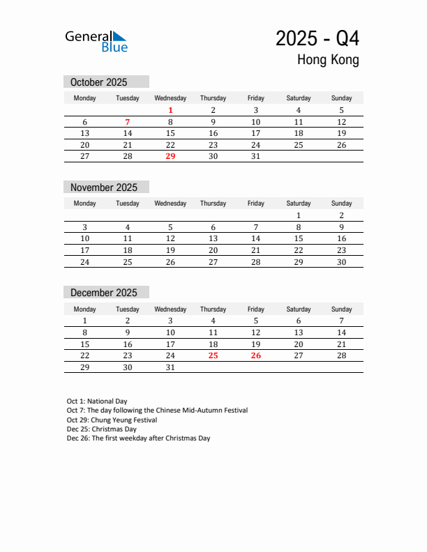 Hong Kong Quarter 4 2025 Calendar with Holidays