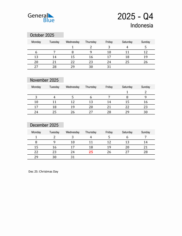 Indonesia Quarter 4 2025 Calendar with Holidays