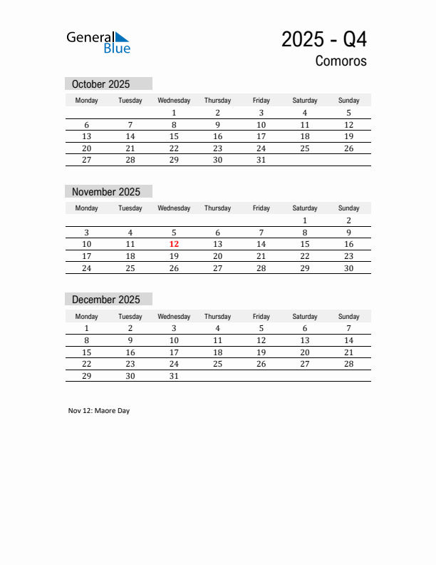Comoros Quarter 4 2025 Calendar with Holidays
