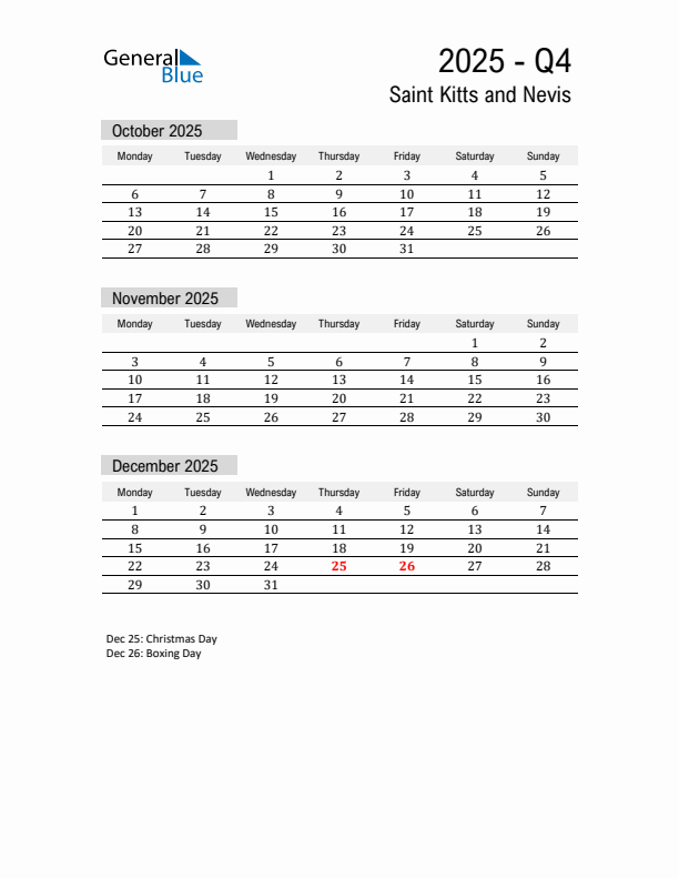 Saint Kitts and Nevis Quarter 4 2025 Calendar with Holidays