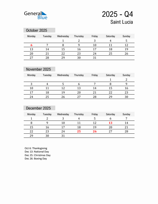 Saint Lucia Quarter 4 2025 Calendar with Holidays