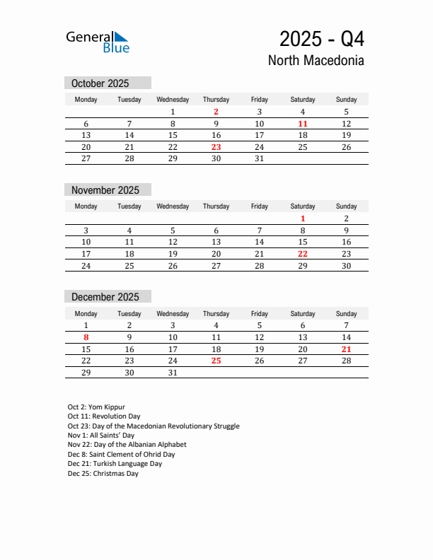 North Macedonia Quarter 4 2025 Calendar with Holidays