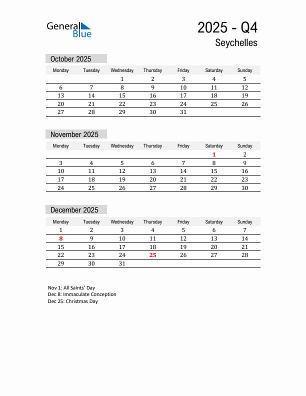 Seychelles Quarter 4 2025 Calendar with Holidays
