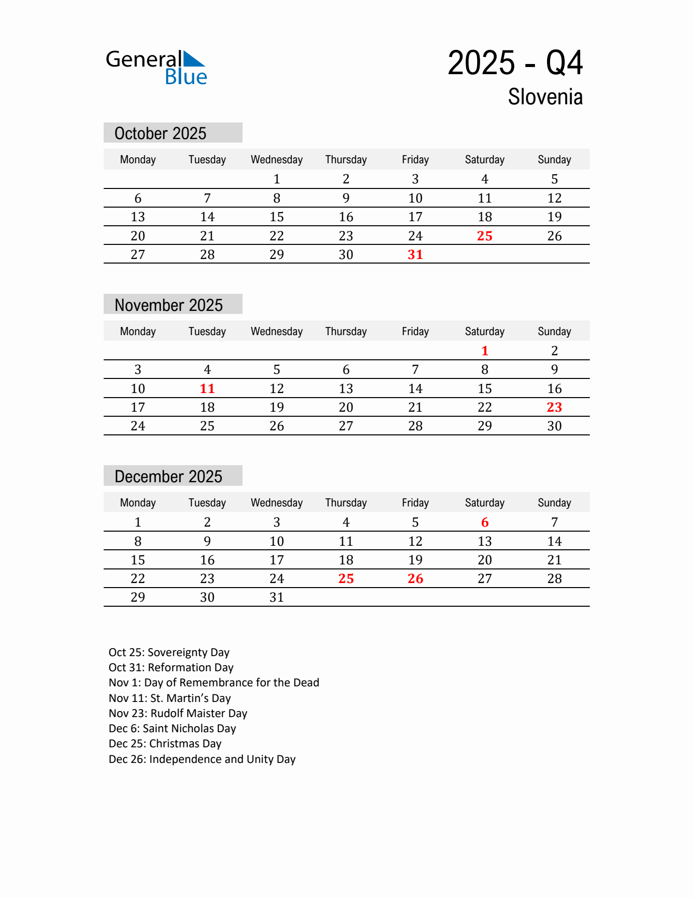 Slovenia Quarter 4 2025 Calendar with Holidays