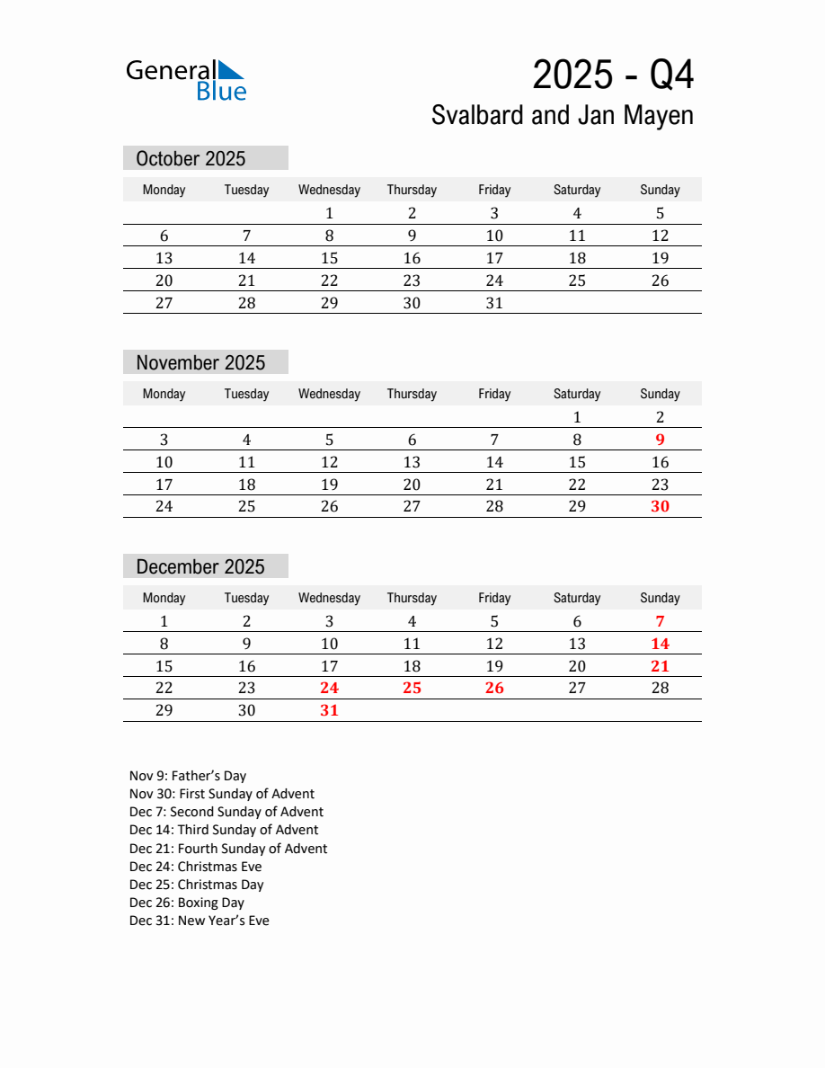 Svalbard and Jan Mayen Quarter 4 2025 Calendar with Holidays - Monday Start
