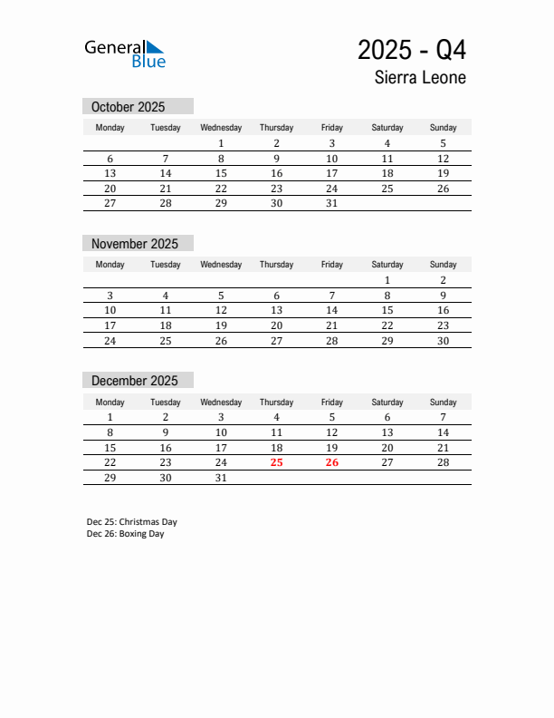 Sierra Leone Quarter 4 2025 Calendar with Holidays