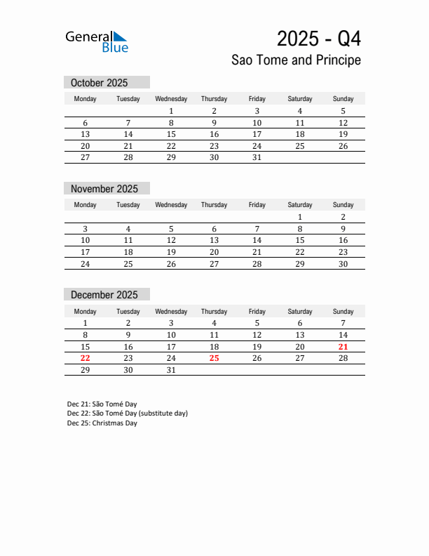 Sao Tome and Principe Quarter 4 2025 Calendar with Holidays