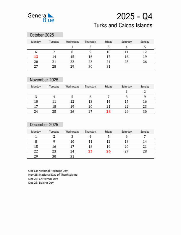Turks and Caicos Islands Quarter 4 2025 Calendar with Holidays