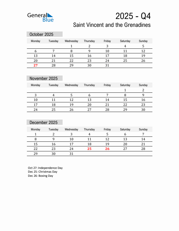 Saint Vincent and the Grenadines Quarter 4 2025 Calendar with Holidays
