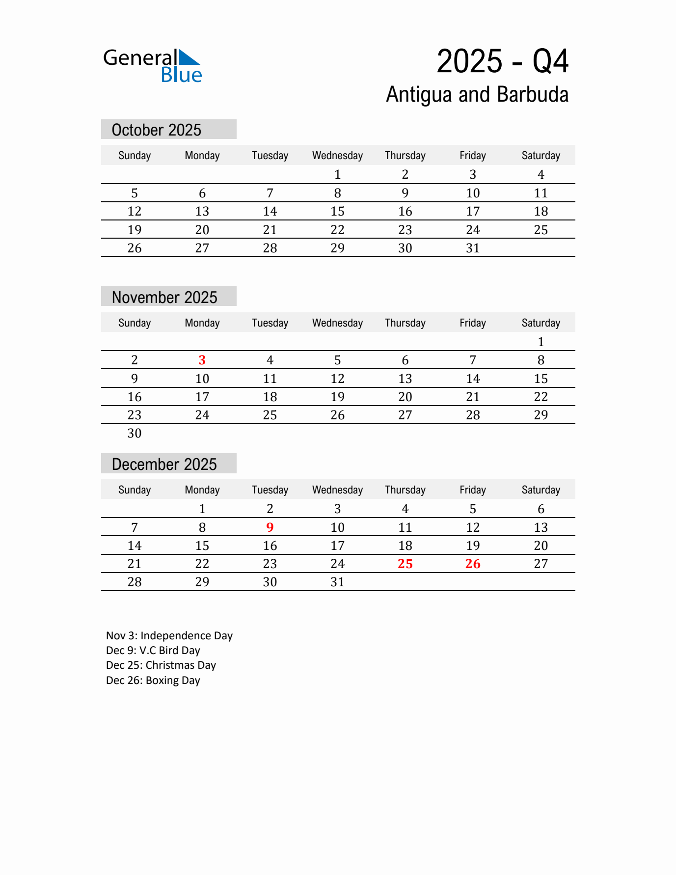 Antigua and Barbuda Quarter 4 2025 Calendar with Holidays