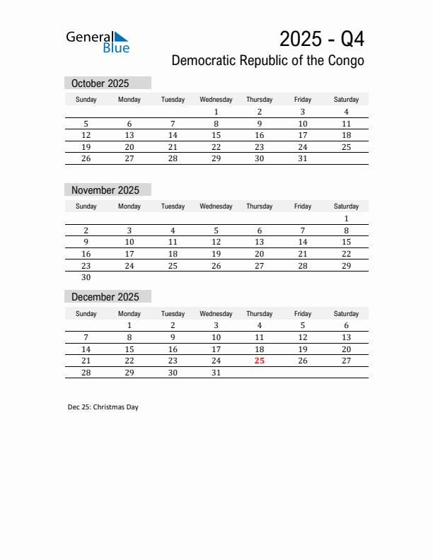 Democratic Republic of the Congo Quarter 4 2025 Calendar with Holidays