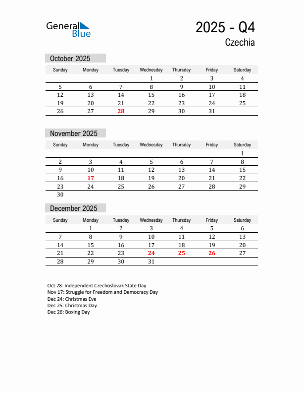 Czechia Quarter 4 2025 Calendar with Holidays