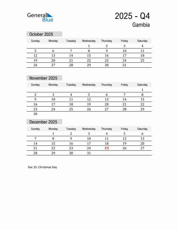 Gambia Quarter 4 2025 Calendar with Holidays