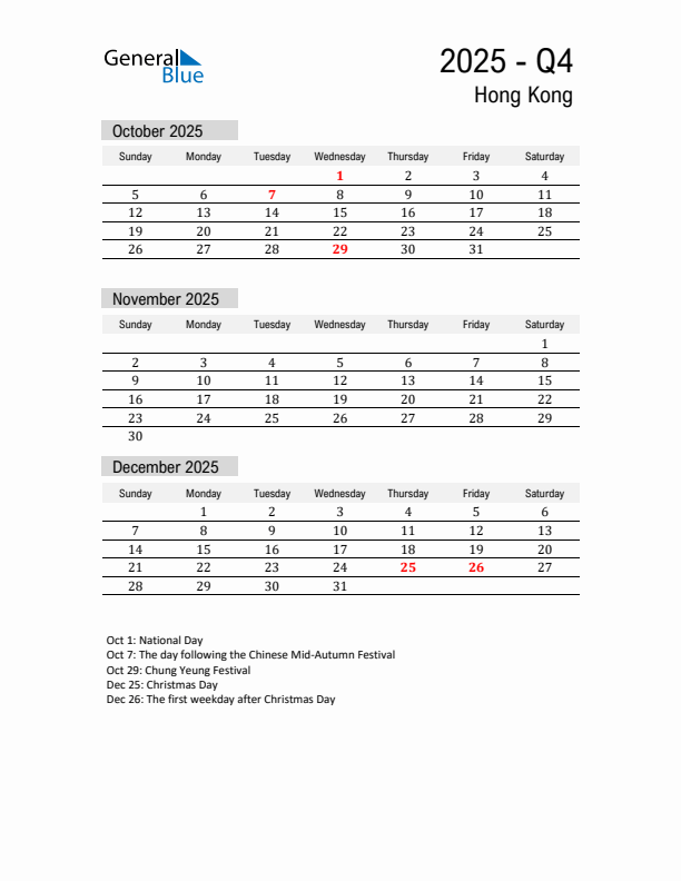 Hong Kong Quarter 4 2025 Calendar with Holidays