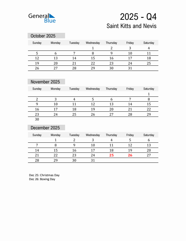 Saint Kitts and Nevis Quarter 4 2025 Calendar with Holidays