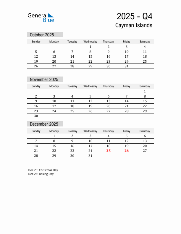 Cayman Islands Quarter 4 2025 Calendar with Holidays
