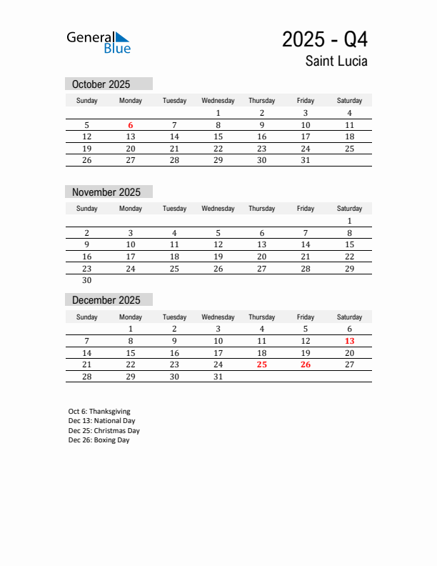 Saint Lucia Quarter 4 2025 Calendar with Holidays