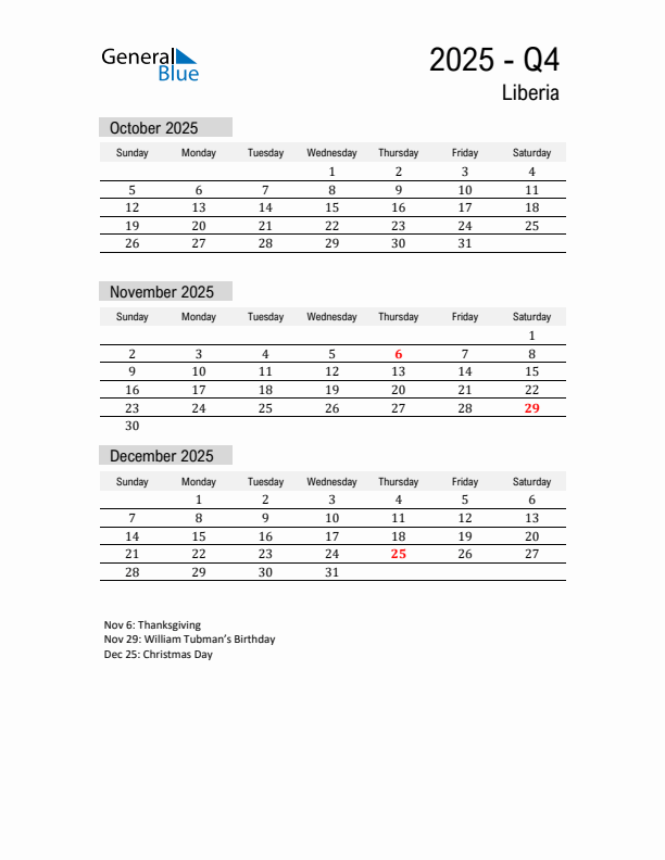 Liberia Quarter 4 2025 Calendar with Holidays