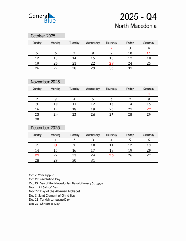North Macedonia Quarter 4 2025 Calendar with Holidays