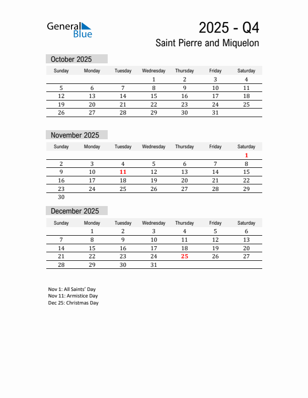 Saint Pierre and Miquelon Quarter 4 2025 Calendar with Holidays