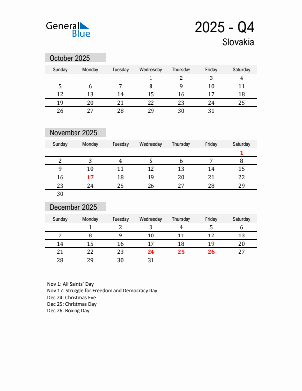Slovakia Quarter 4 2025 Calendar with Holidays