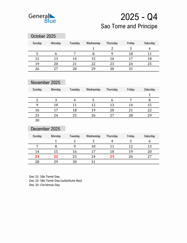 Sao Tome and Principe Quarter 4 2025 Calendar with Holidays