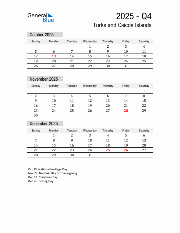 Turks and Caicos Islands Quarter 4 2025 Calendar with Holidays
